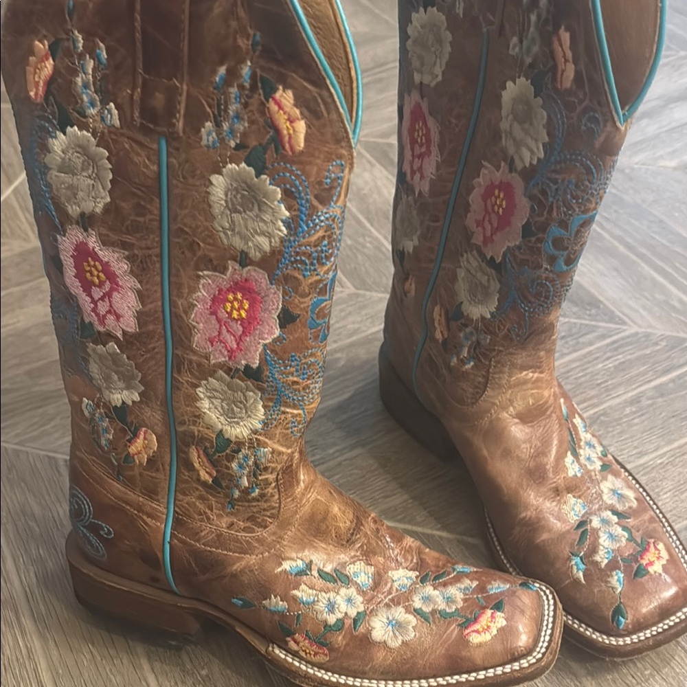Macie Bean Brown Leather Western Boots with Pink & Turquoise Floral Embroidery